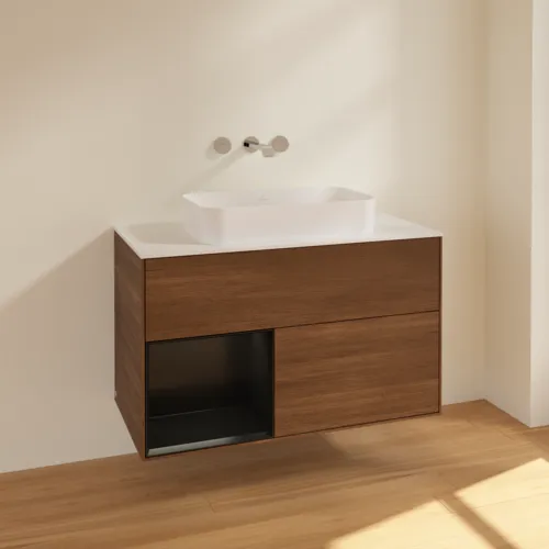VILLEROY BOCH Toaletní stolek Finion, s osvětlením, 2 výsuvy, 1000 x 603 x 501 mm, ořechová dýha / černý matný lak / sklo bílé matné #F651PDGN, obrázek 2