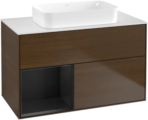 VILLEROY BOCH Toaletní stolek Finion, s osvětlením, 2 výsuvy, 1000 x 603 x 501 mm, ořechová dýha / černý matný lak / sklo bílé matné #F651PDGN