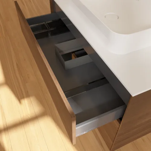VILLEROY BOCH Toaletní stolek Finion, s osvětlením, 2 výsuvy, 1000 x 603 x 501 mm, ořechová dýha / černý matný lak / sklo bílé matné #F651PDGN, obrázek 8