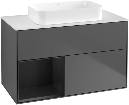 VILLEROY BOCH Toaletní skříňka Finion, s osvětlením, 2 výsuvy, 1000 x 603 x 501 mm, antracitový matný lak / černý matný lak / bílé matné sklo #F651PDGK