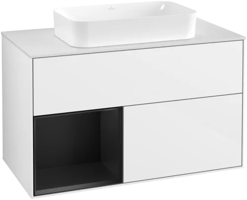 VILLEROY BOCH Umyvadlová skříňka Finion, s osvětlením, 2 výsuvy, 1000 x 603 x 501 mm, lesklý bílý lak / černý matný lak / bílé matné sklo #F651PDGF