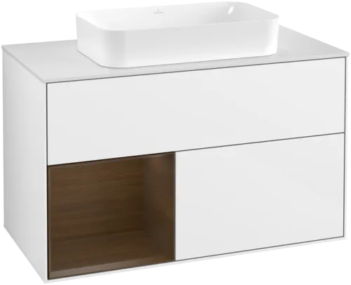 VILLEROY BOCH Toaletní skříňka Finion, s osvětlením, 2 výsuvy, 1000 x 603 x 501 mm, lesklý bílý lak / ořechová dýha / sklo bílé matné #F651GNGF