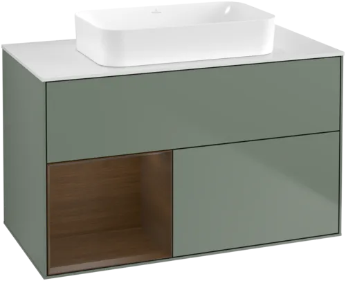 VILLEROY BOCH Toaletní skříňka Finion, s osvětlením, 2 výsuvy, 1000 x 603 x 501 mm, olivový matný lak / ořechová dýha / sklo bílé matné #F651GNGM