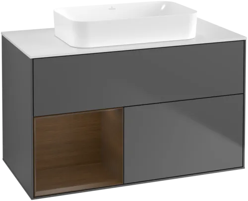 VILLEROY BOCH Toaletní skříňka Finion, s osvětlením, 2 výsuvy, 1000 x 603 x 501 mm, antracit matný lak / ořechová dýha / sklo bílé matné #F651GNGK