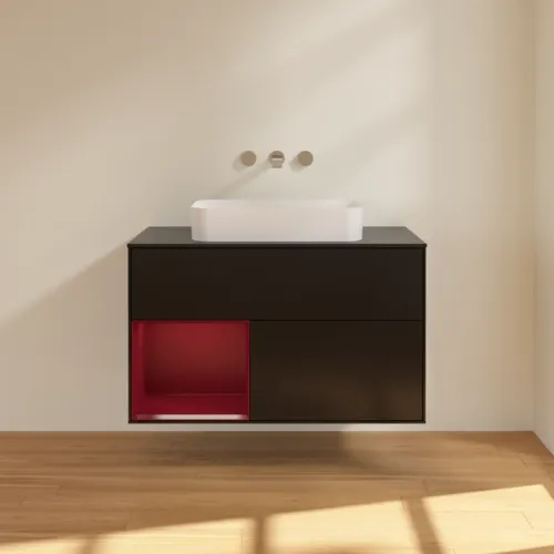 VILLEROY BOCH Toaletní skříňka Finion, s osvětlením, 2 výsuvy, 1000 x 603 x 501 mm, černý matný lak / pivoňkový matný lak / černé matné sklo #F652HBPD, obrázek 3
