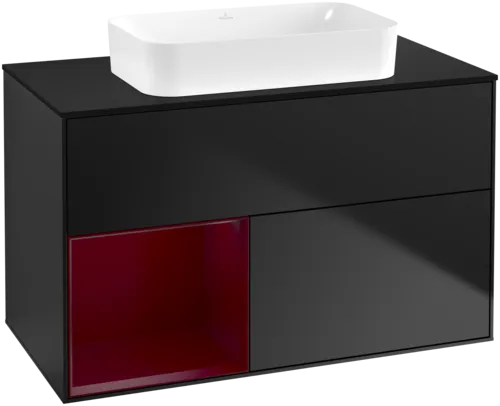 VILLEROY BOCH Toaletní skříňka Finion, s osvětlením, 2 výsuvy, 1000 x 603 x 501 mm, černý matný lak / pivoňkový matný lak / černé matné sklo #F652HBPD