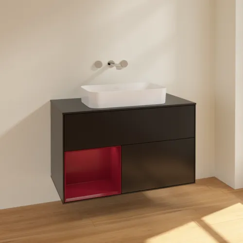VILLEROY BOCH Toaletní skříňka Finion, s osvětlením, 2 výsuvy, 1000 x 603 x 501 mm, černý matný lak / pivoňkový matný lak / černé matné sklo #F652HBPD, obrázek 2