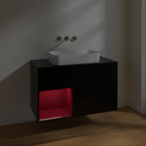 VILLEROY BOCH Toaletní skříňka Finion, s osvětlením, 2 výsuvy, 1000 x 603 x 501 mm, černý matný lak / pivoňkový matný lak / černé matné sklo #F652HBPD, obrázek 5
