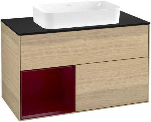 VILLEROY BOCH Toaletní stolek Finion, s osvětlením, 2 výsuvy, 1000 x 603 x 501 mm, dubová dýha / matný lak Pivoňka / matné černé sklo #F652HBPC