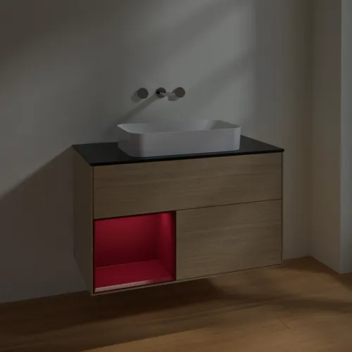 VILLEROY BOCH Toaletní stolek Finion, s osvětlením, 2 výsuvy, 1000 x 603 x 501 mm, dubová dýha / matný lak Pivoňka / matné černé sklo #F652HBPC, obrázek 5