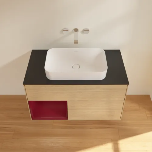VILLEROY BOCH Toaletní stolek Finion, s osvětlením, 2 výsuvy, 1000 x 603 x 501 mm, dubová dýha / matný lak Pivoňka / matné černé sklo #F652HBPC, obrázek 4