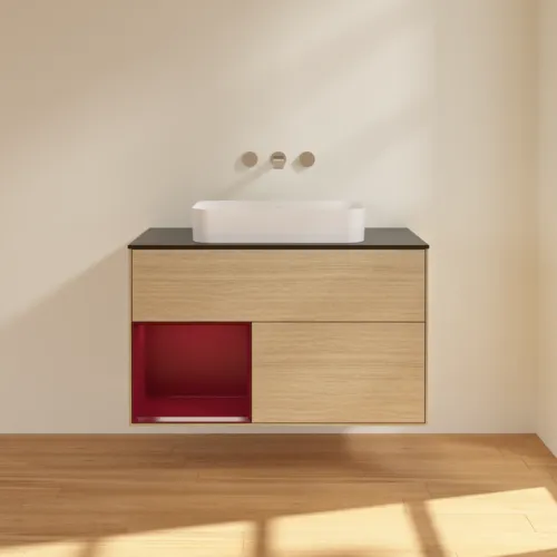 VILLEROY BOCH Toaletní stolek Finion, s osvětlením, 2 výsuvy, 1000 x 603 x 501 mm, dubová dýha / matný lak Pivoňka / matné černé sklo #F652HBPC, obrázek 3