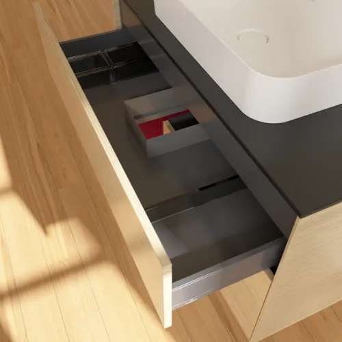VILLEROY BOCH Toaletní stolek Finion, s osvětlením, 2 výsuvy, 1000 x 603 x 501 mm, dubová dýha / matný lak Pivoňka / matné černé sklo #F652HBPC, obrázek 8