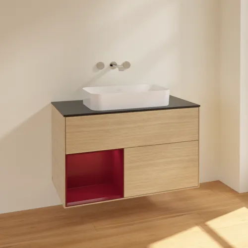 VILLEROY BOCH Toaletní stolek Finion, s osvětlením, 2 výsuvy, 1000 x 603 x 501 mm, dubová dýha / matný lak Pivoňka / matné černé sklo #F652HBPC, obrázek 2