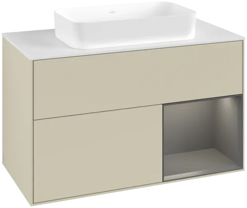 VILLEROY BOCH Toaletní skříňka Finion, s osvětlením, 2 výsuvy, 1000 x 603 x 501 mm, hedvábně šedý matný lak / antracitový matný lak / bílé matné sklo #F661GKHJ