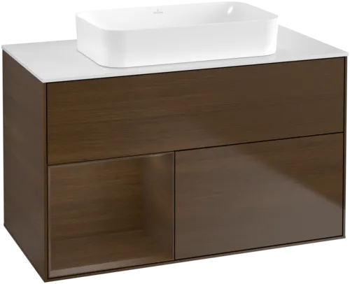 VILLEROY BOCH Toaletní stolek Finion, s osvětlením, 2 výsuvy, 1000 x 603 x 501 mm, ořechová dýha / ořechová dýha / sklo bílé matné #F651GNGN