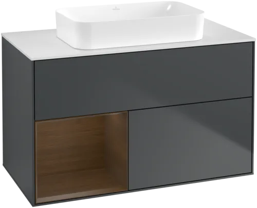 VILLEROY BOCH Toaletní skříňka Finion, s osvětlením, 2 výsuvy, 1000 x 603 x 501 mm, půlnočně modrý matný lak / ořechová dýha / bílé matné sklo #F651GNHG