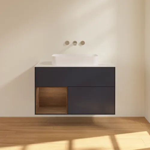 VILLEROY BOCH Toaletní skříňka Finion, s osvětlením, 2 výsuvy, 1000 x 603 x 501 mm, půlnočně modrý matný lak / ořechová dýha / bílé matné sklo #F651GNHG, obrázek 3