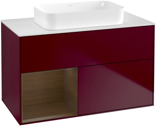 VILLEROY BOCH Toaletní skříňka Finion, s osvětlením, 2 výsuvy, 1000 x 603 x 501 mm, matný lak Peony / ořechová dýha / bílé matné sklo #F651GNHB