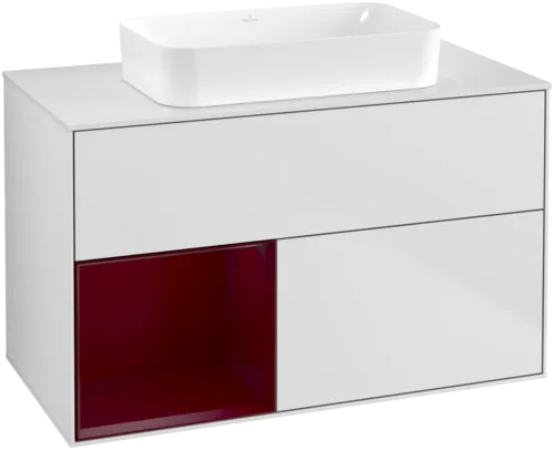 VILLEROY BOCH Toaletní skříňka Finion, s osvětlením, 2 výsuvy, 1000 x 603 x 501 mm, bílý matný lak / pivoňkový matný lak / bílé matné sklo #F651HBMT