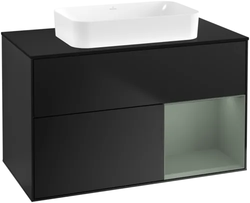 VILLEROY BOCH Toaletní skříňka Finion, s osvětlením, 2 výsuvy, 1000 x 603 x 501 mm, černý matný lak / olivový matný lak / černé matné sklo #F662GMPD