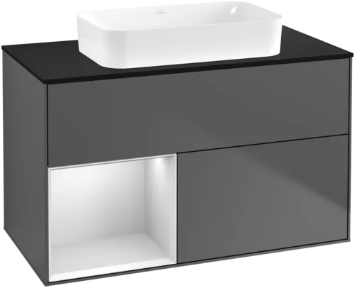 VILLEROY BOCH Toaletní skříňka Finion, s osvětlením, 2 výsuvy, 1000 x 603 x 501 mm, antracitový matný lak / bílý matný lak / černé matné sklo #F652MTGK