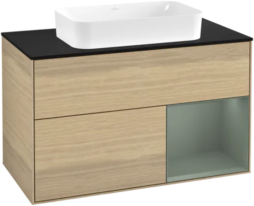 VILLEROY BOCH Toaletní skříňka Finion, s osvětlením, 2 výsuvy, 1000 x 603 x 501 mm, dubová dýha / olivově matný lak / sklo černé matné #F662GMPC