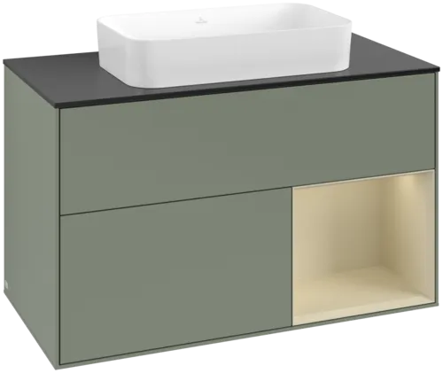 VILLEROY BOCH Toaletní skříňka Finion, s osvětlením, 2 výsuvy, 1000 x 603 x 501 mm, olivový matný lak / hedvábně šedý matný lak / černé matné sklo #F662HJGM