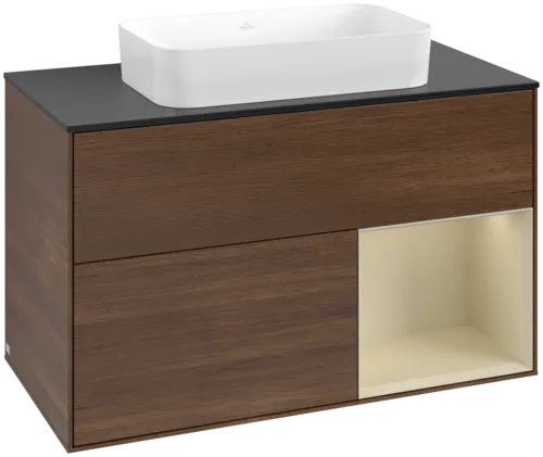 VILLEROY BOCH Toaletní stolek Finion, s osvětlením, 2 výsuvy, 1000 x 603 x 501 mm, ořechová dýha / hedvábně šedý matný lak / sklo černé matné #F662HJGN