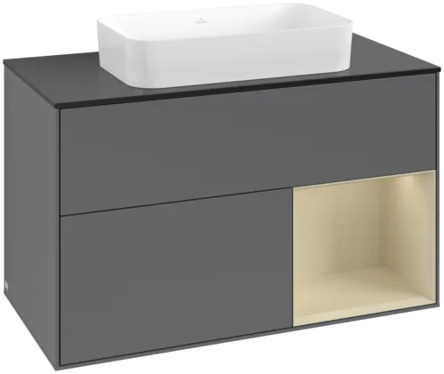 VILLEROY BOCH Toaletní skříňka Finion, s osvětlením, 2 výsuvy, 1000 x 603 x 501 mm, antracitový matný lak / hedvábně šedý matný lak / černé matné sklo #F662HJGK