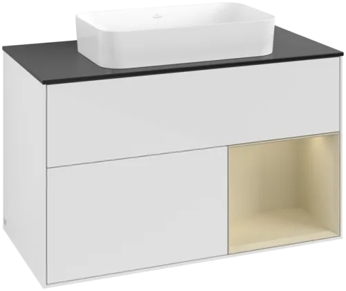 VILLEROY BOCH Toaletní skříňka Finion, s osvětlením, 2 výsuvy, 1000 x 603 x 501 mm, lesklý bílý lak / hedvábně šedý matný lak / černé matné sklo #F662HJGF