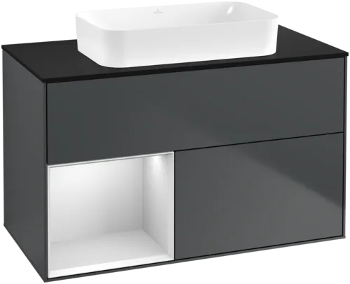 VILLEROY BOCH Toaletní skříňka Finion, s osvětlením, 2 výsuvy, 1000 x 603 x 501 mm, Midnight Blue Matt Lacquer / White Matt Lacquer / Glass Black Matt #F652MTHG