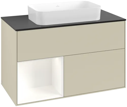 VILLEROY BOCH Toaletní skříňka Finion, s osvětlením, 2 výsuvy, 1000 x 603 x 501 mm, hedvábně šedý matný lak / bílý matný lak / černé matné sklo #F652MTHJ