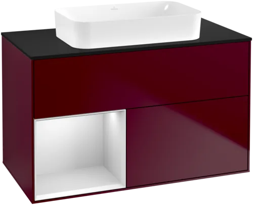 VILLEROY BOCH Toaletní skříňka Finion, s osvětlením, 2 výsuvy, 1000 x 603 x 501 mm, Pivoňka matný lak / Bílý matný lak / Sklo černé matné #F652MTHB