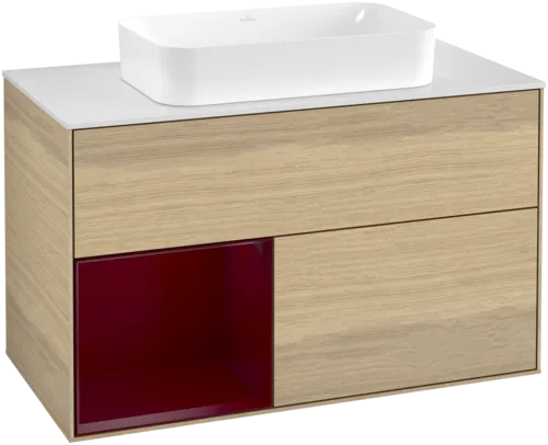 VILLEROY BOCH Toaletní stolek Finion, s osvětlením, 2 výsuvy, 1000 x 603 x 501 mm, dubová dýha / matný lak Pivoňka / matné bílé sklo #F651HBPC
