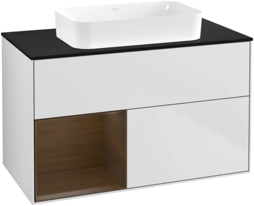 VILLEROY BOCH Toaletní skříňka Finion, s osvětlením, 2 výsuvy, 1000 x 603 x 501 mm, bílý matný lak / ořechová dýha / černé matné sklo #F652GNMT