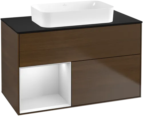 VILLEROY BOCH Toaletní skříňka Finion, s osvětlením, 2 výsuvy, 1000 x 603 x 501 mm, ořechová dýha / bílý matný lak / černé matné sklo #F652MTGN