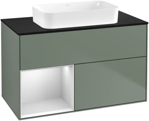 VILLEROY BOCH Toaletní skříňka Finion, s osvětlením, 2 výsuvy, 1000 x 603 x 501 mm, olivový matný lak / bílý matný lak / černé matné sklo #F652MTGM
