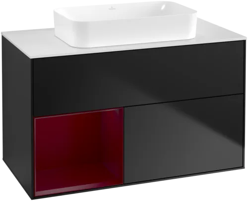 VILLEROY BOCH Toaletní skříňka Finion, s osvětlením, 2 výsuvy, 1000 x 603 x 501 mm, černý matný lak / pivoňkový matný lak / bílé matné sklo #F651HBPD