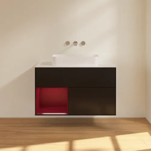 VILLEROY BOCH Toaletní skříňka Finion, s osvětlením, 2 výsuvy, 1000 x 603 x 501 mm, černý matný lak / pivoňkový matný lak / bílé matné sklo #F651HBPD, obrázek 3