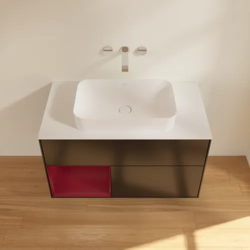 VILLEROY BOCH Toaletní skříňka Finion, s osvětlením, 2 výsuvy, 1000 x 603 x 501 mm, černý matný lak / pivoňkový matný lak / bílé matné sklo #F651HBPD, obrázek 4
