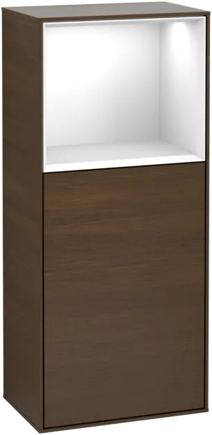 VILLEROY BOCH Boční skříňka Finion, s osvětlením, 1 dvířka, 418 x 936 x 270 mm, ořechová dýha / lesklý bílý lak #F510GFGN