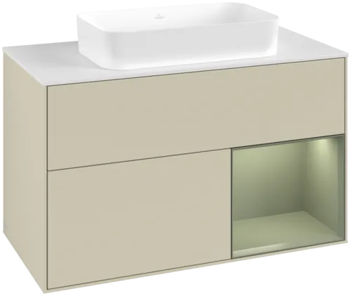 VILLEROY BOCH Toaletní skříňka Finion, s osvětlením, 2 výsuvy, 1000 x 603 x 501 mm, hedvábně šedý matný lak / olivový matný lak / bílé matné sklo #F661GMHJ