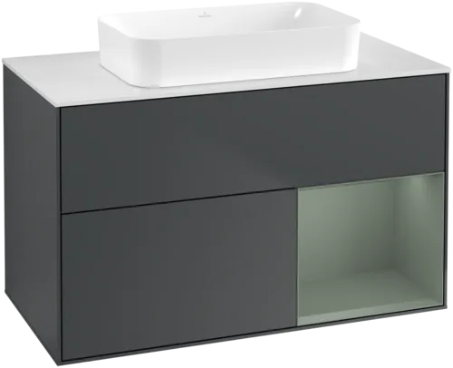 VILLEROY BOCH Toaletní skříňka Finion, s osvětlením, 2 výsuvy, 1000 x 603 x 501 mm, Midnight Blue Matt Lacquer / Olive Matt Lacquer / Glass White Matt #F661GMHG