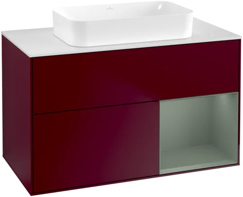 VILLEROY BOCH Toaletní skříňka Finion, s osvětlením, 2 výsuvy, 1000 x 603 x 501 mm, Pivoňka matný lak / Olivový matný lak / Sklo bílé matné #F661GMHB