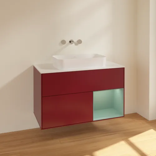 VILLEROY BOCH Toaletní skříňka Finion, s osvětlením, 2 výsuvy, 1000 x 603 x 501 mm, Pivoňka matný lak / Olivový matný lak / Sklo bílé matné #F661GMHB, obrázek 2