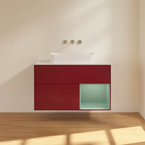 VILLEROY BOCH Toaletní skříňka Finion, s osvětlením, 2 výsuvy, 1000 x 603 x 501 mm, Pivoňka matný lak / Olivový matný lak / Sklo bílé matné #F661GMHB, obrázek 3