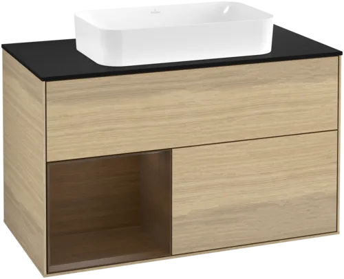 VILLEROY BOCH Toaletní stolek Finion, s osvětlením, 2 výsuvy, 1000 x 603 x 501 mm, dubová dýha / ořechová dýha / sklo černé matné #F652GNPC