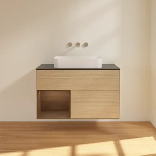 VILLEROY BOCH Toaletní stolek Finion, s osvětlením, 2 výsuvy, 1000 x 603 x 501 mm, dubová dýha / ořechová dýha / sklo černé matné #F652GNPC, obrázek 3