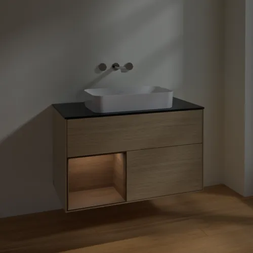 VILLEROY BOCH Toaletní stolek Finion, s osvětlením, 2 výsuvy, 1000 x 603 x 501 mm, dubová dýha / ořechová dýha / sklo černé matné #F652GNPC, obrázek 5